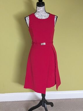 Sleeveless Red Belted A-Line Dress